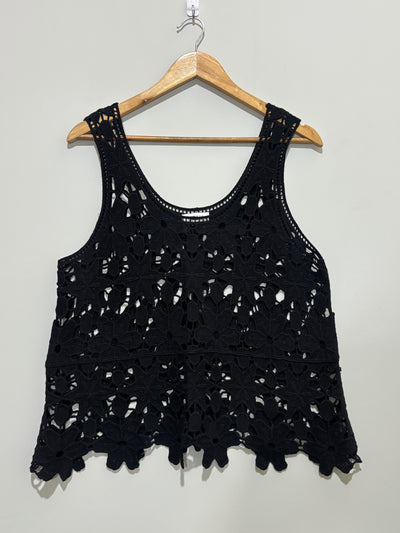 Black floral openwork sleeveless scoop-neck top with scalloped hem