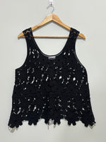 Black floral openwork sleeveless scoop-neck top with scalloped hem
