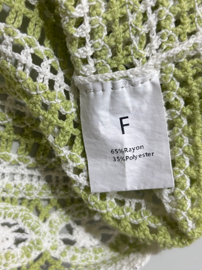 Size F label showing 65 percent rayon and 35 percent polyester - alternate view