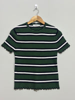 Striped ribbed top with scalloped sleeves and hem on hanger