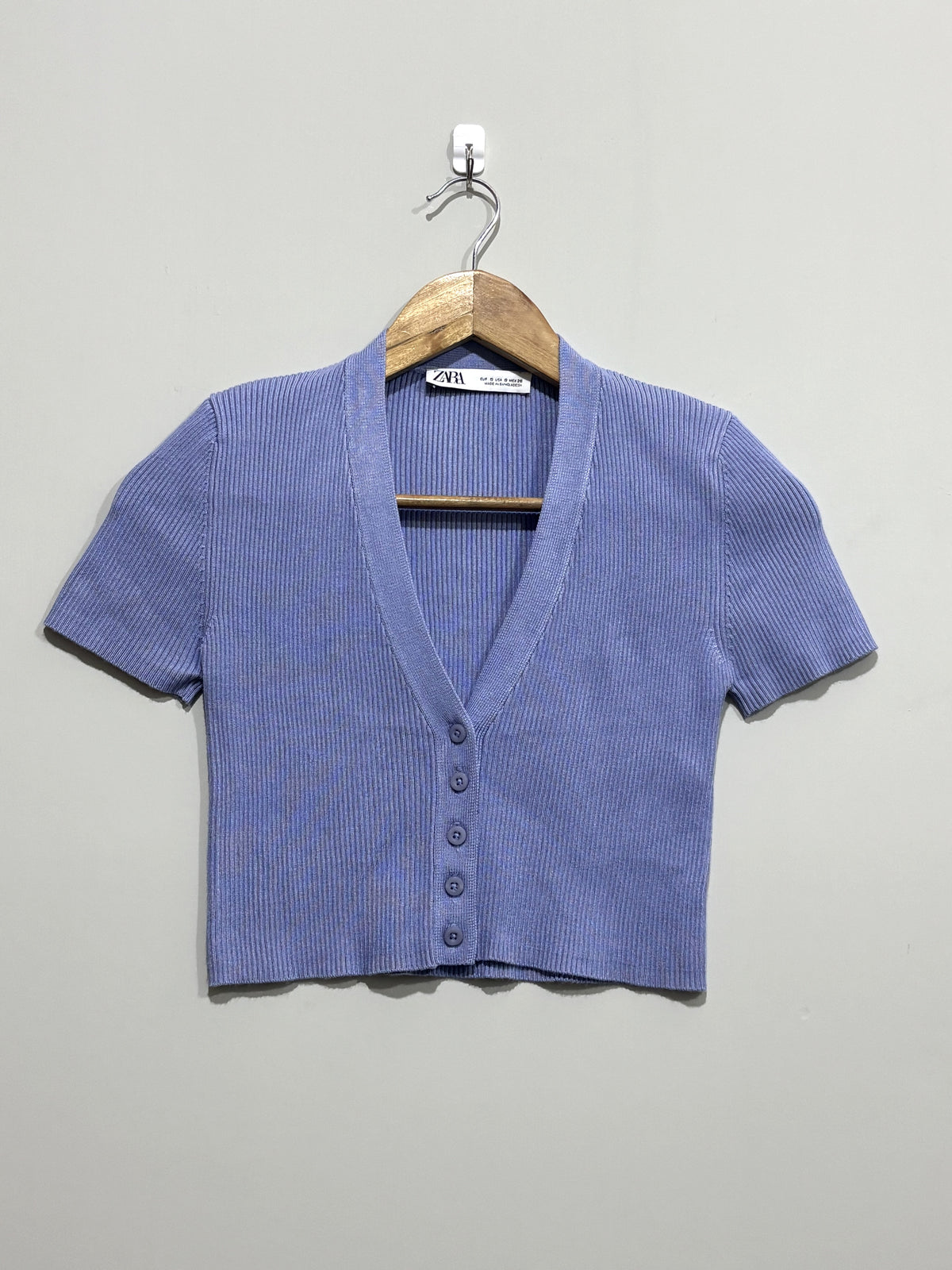 Blue ribbed V-neck short-sleeve cropped cardigan