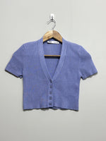 Blue ribbed V-neck short-sleeve cropped cardigan