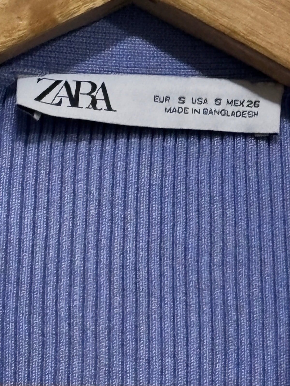 Zara label showing EUR S USA S MEX 26