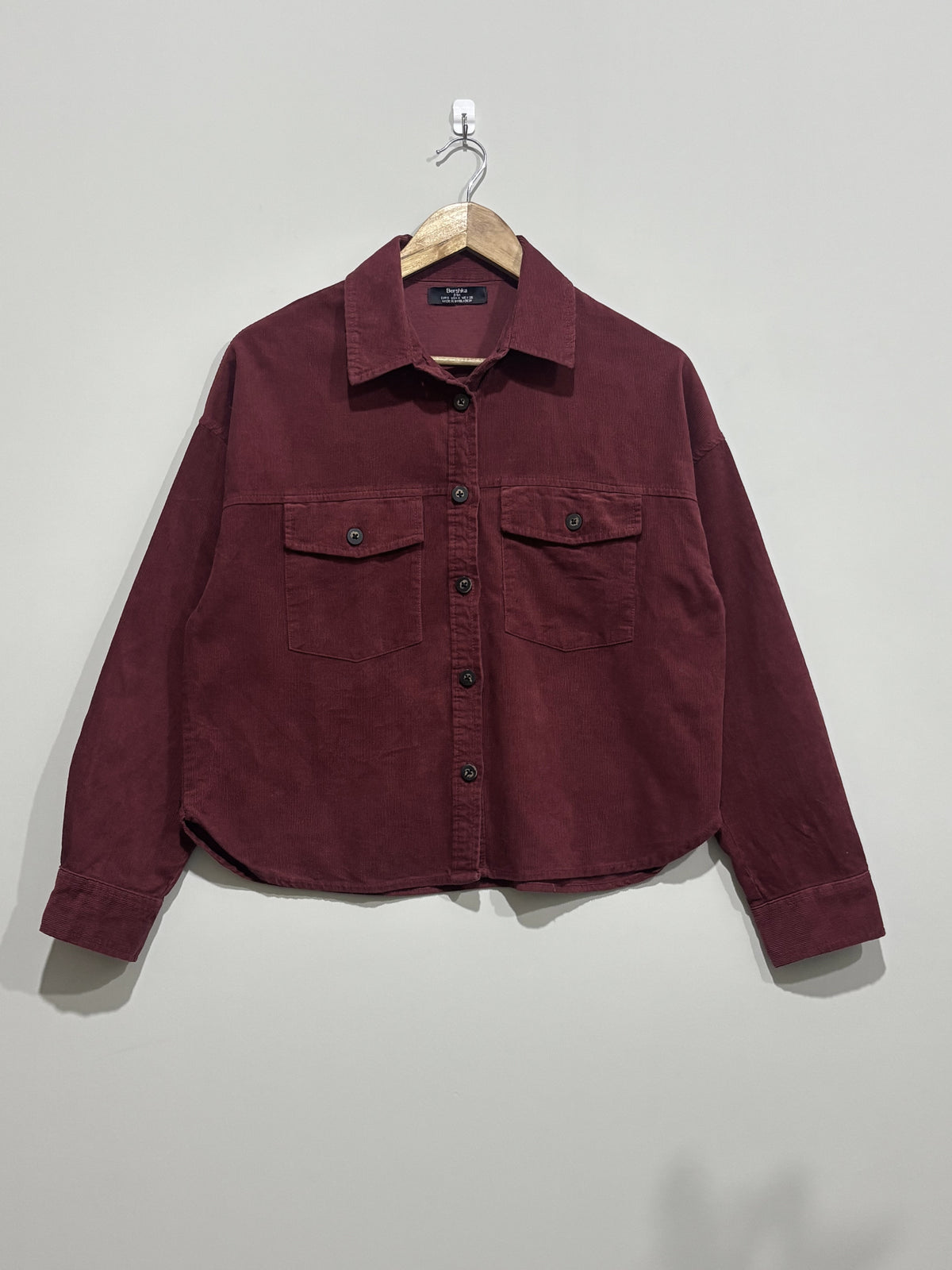 Burgundy dual pocket drop-shoulder button-down shirt