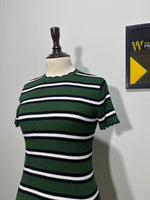 Striped short-sleeve top with scalloped neckline angled view
