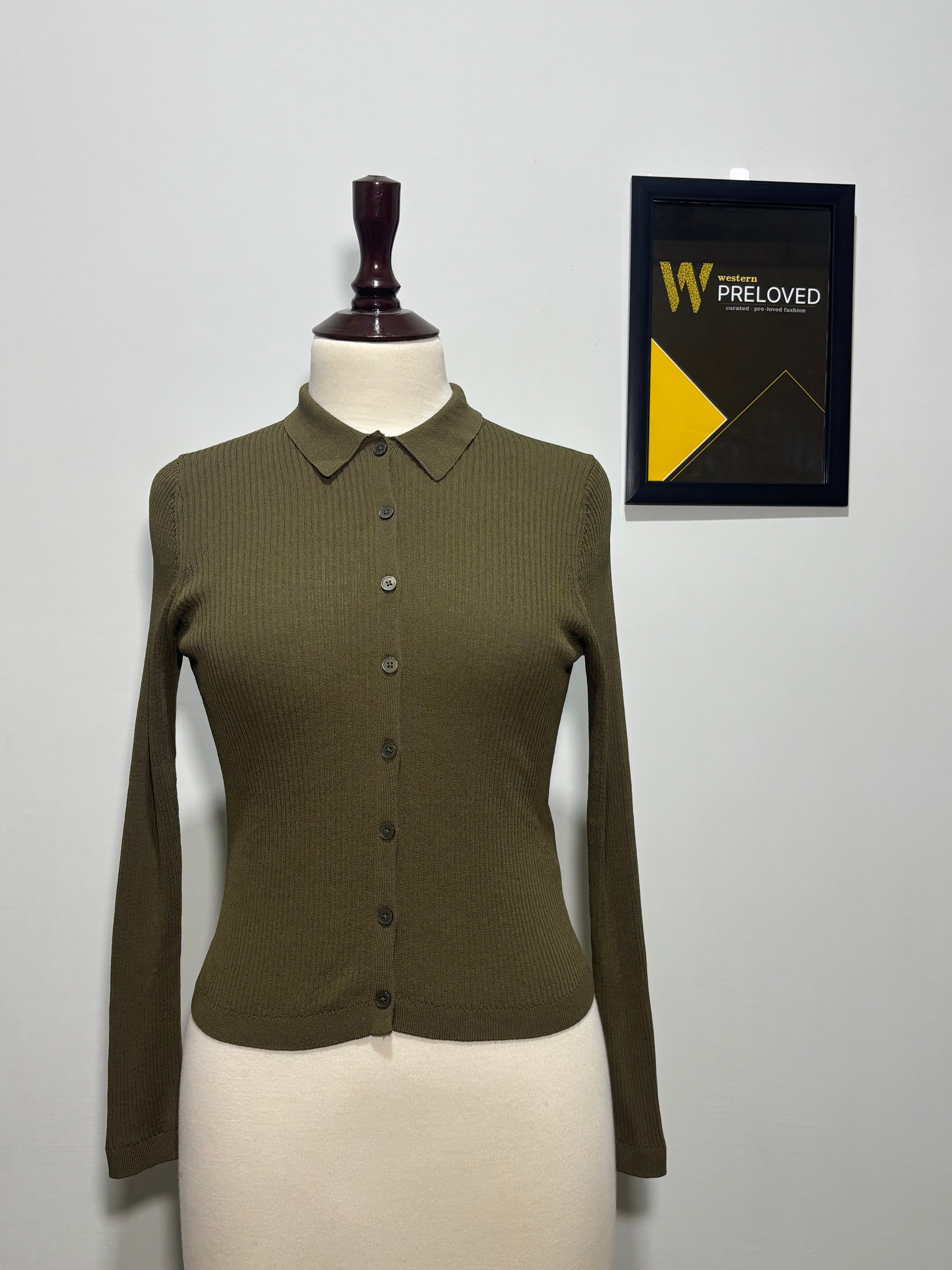 Olive green collared button-front cardigan front view
