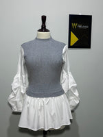 Grey and white layered-look mock-neck peplum top with gathered sleeves