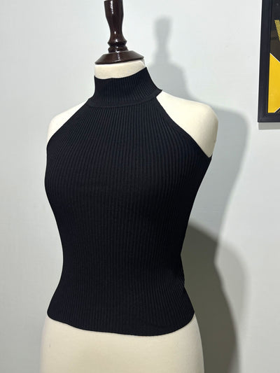 Black fitted high-neck sleeveless top angled view - alternate view