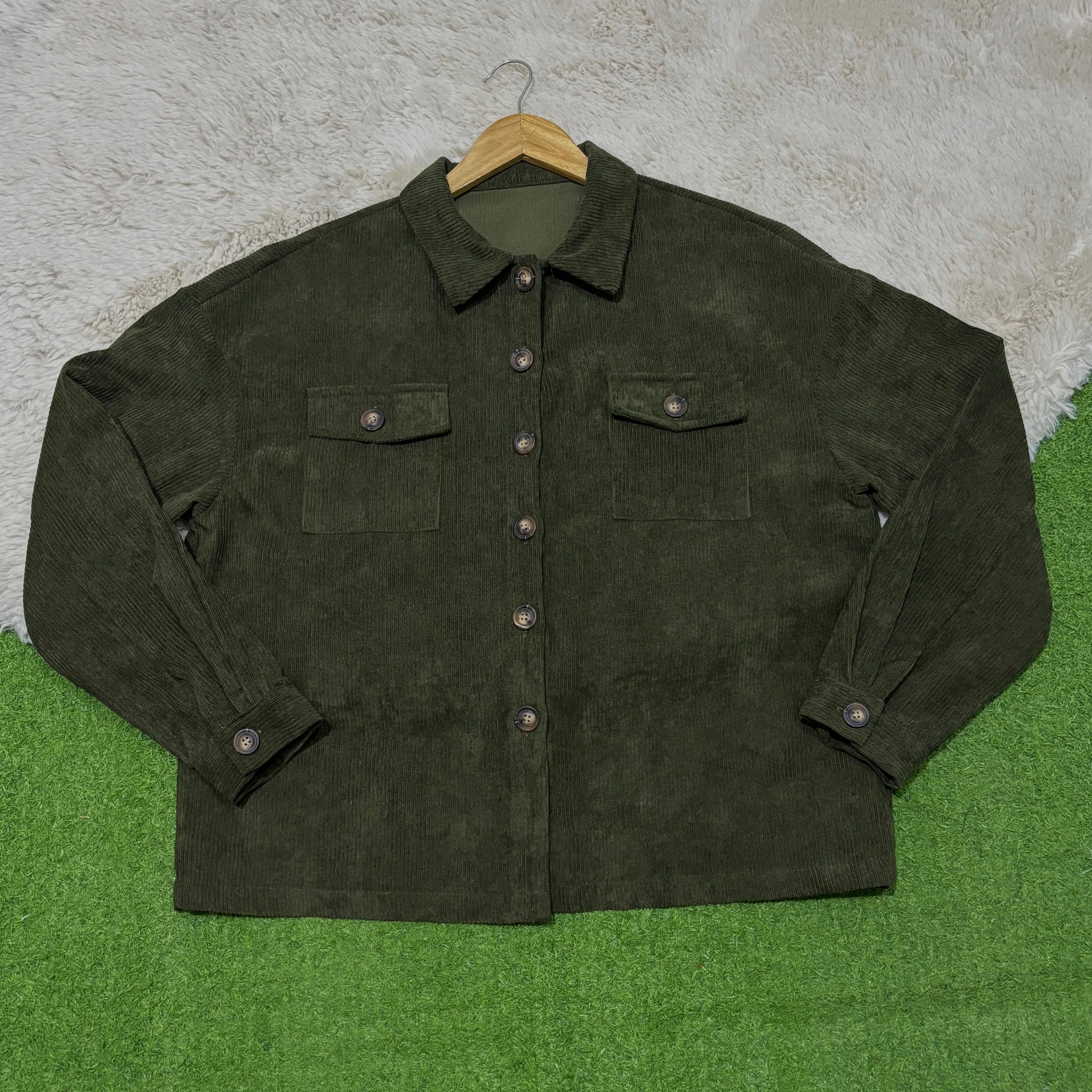 Olive green dual pocket drop-shoulder button-down shirt