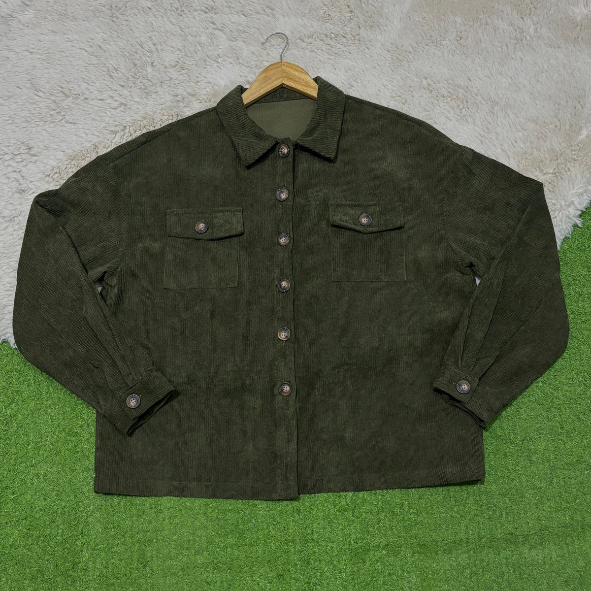 Olive green dual pocket drop-shoulder button-down shirt