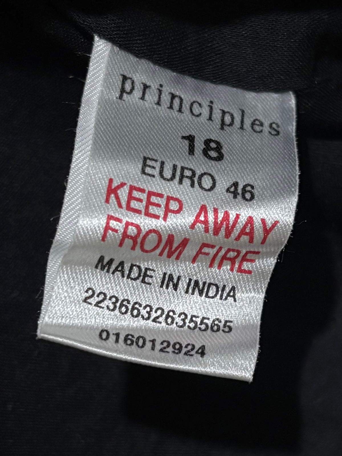 Principles label showing size 18 and EURO 46