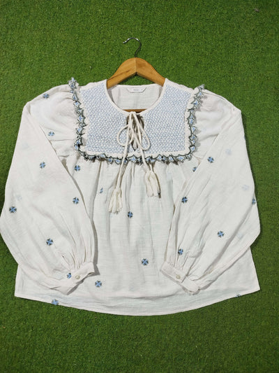 White Blue Embroidered Smocked Boho Top western preloved