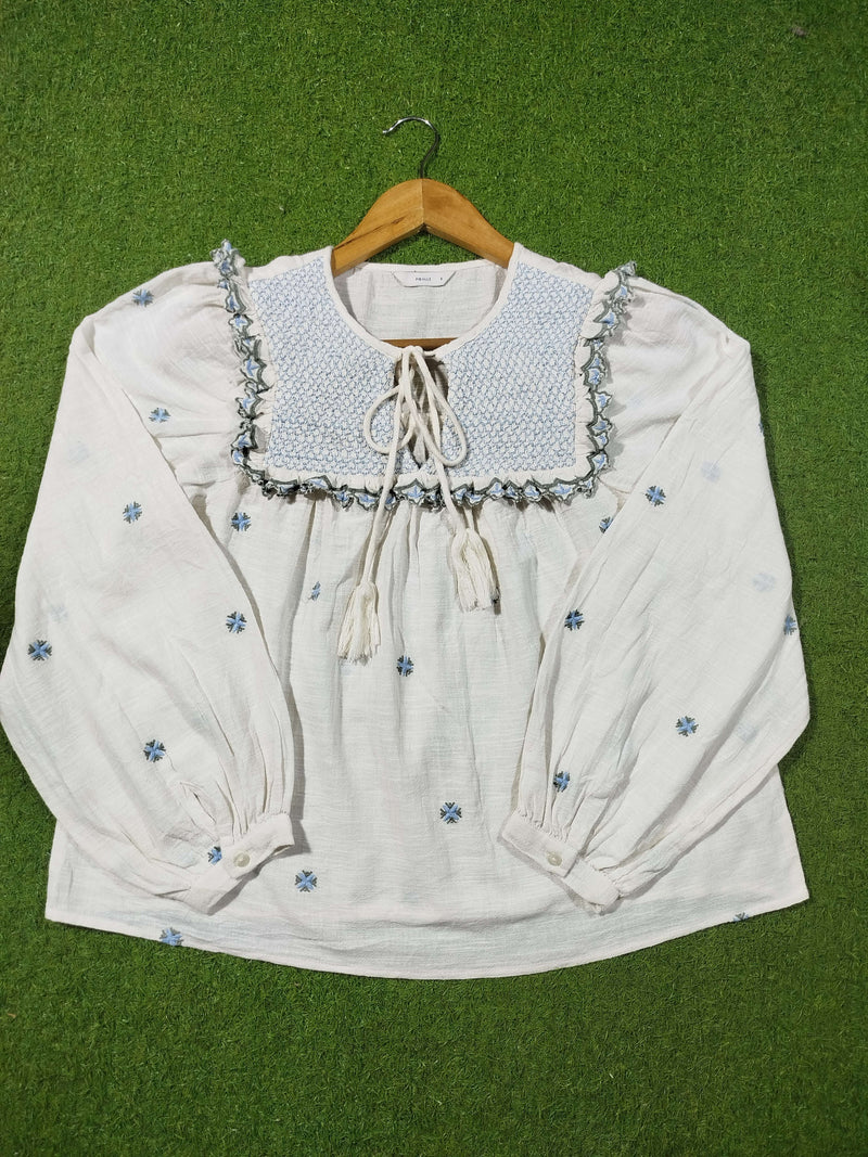 White Blue Embroidered Smocked Boho Top western preloved