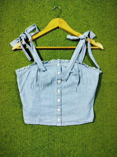 Tie-up strap button-down denim crop top western preloved