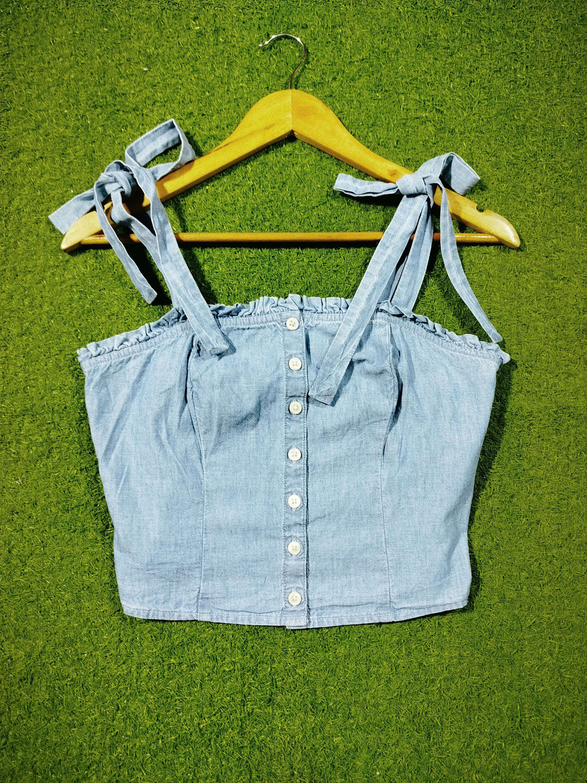 Tie-up strap button-down denim crop top western preloved