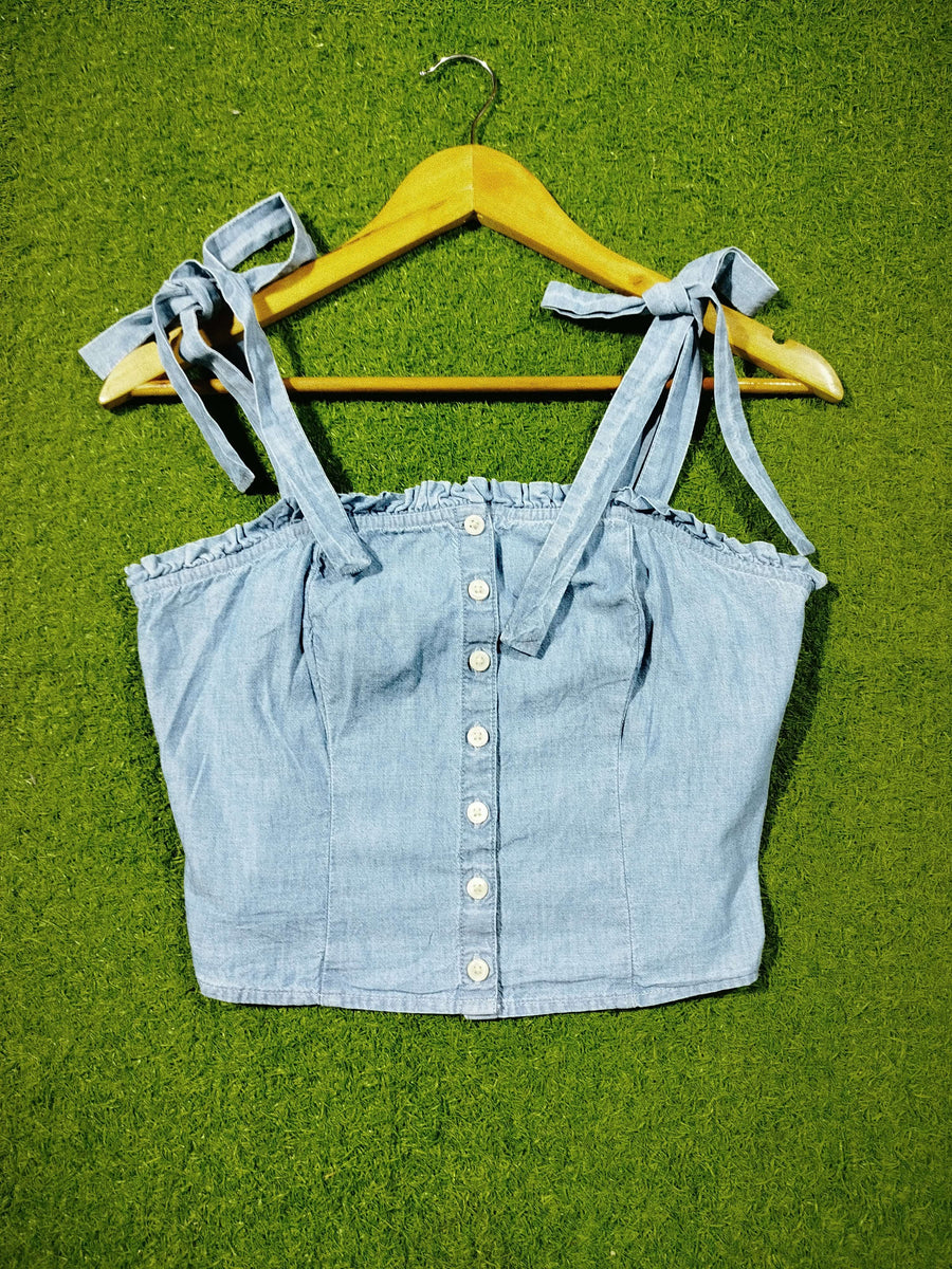 Tie-up strap button-down denim crop top western preloved