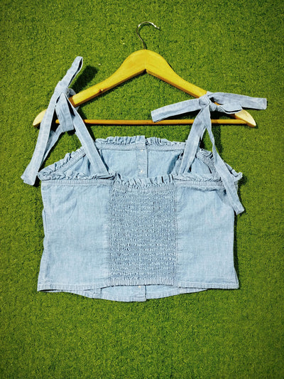 Tie-up strap button-down denim crop top western preloved - alternate view