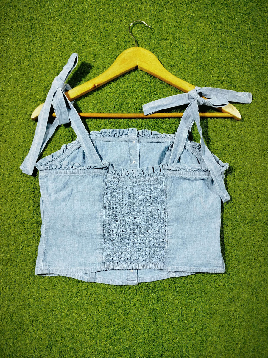 Tie-up strap button-down denim crop top western preloved - alternate view
