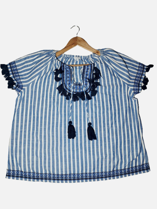 Blue and white striped blouse with tassels on a hanger against a white background - alternate view