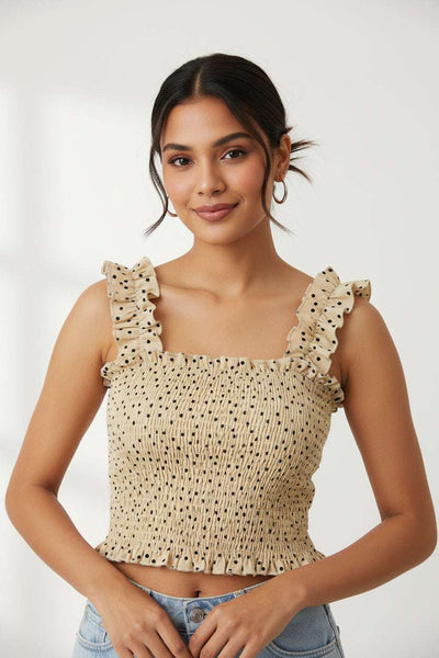 Polka Dot Smocked Ruffle Strap Crop Top western preloved