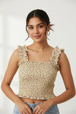 Polka Dot Smocked Ruffle Strap Crop Top