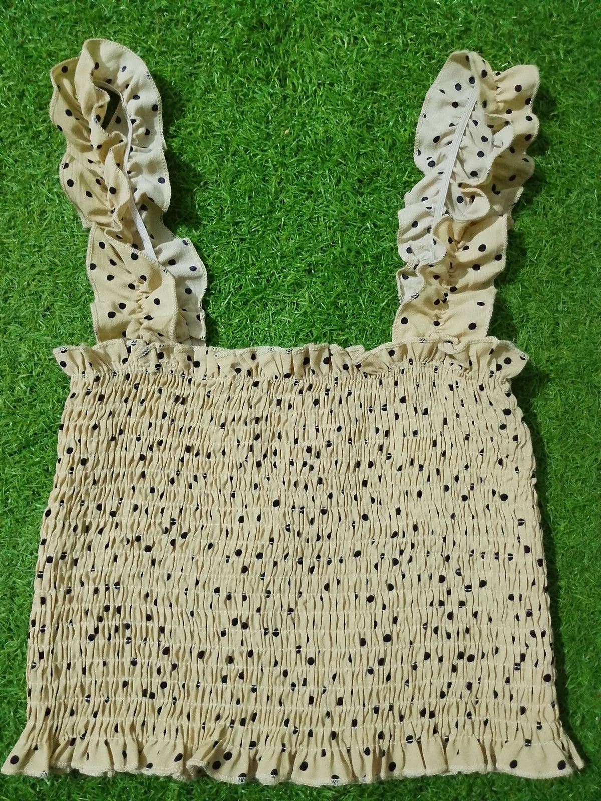 Polka Dot Smocked Ruffle Strap Crop Top western preloved