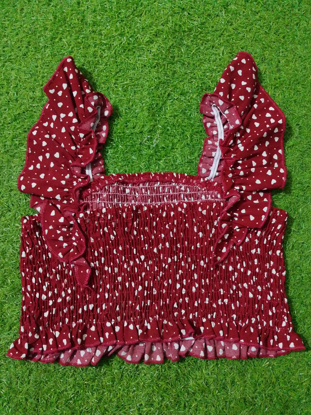 Heart Print Smocked Ruffle Strap Crop Top western preloved