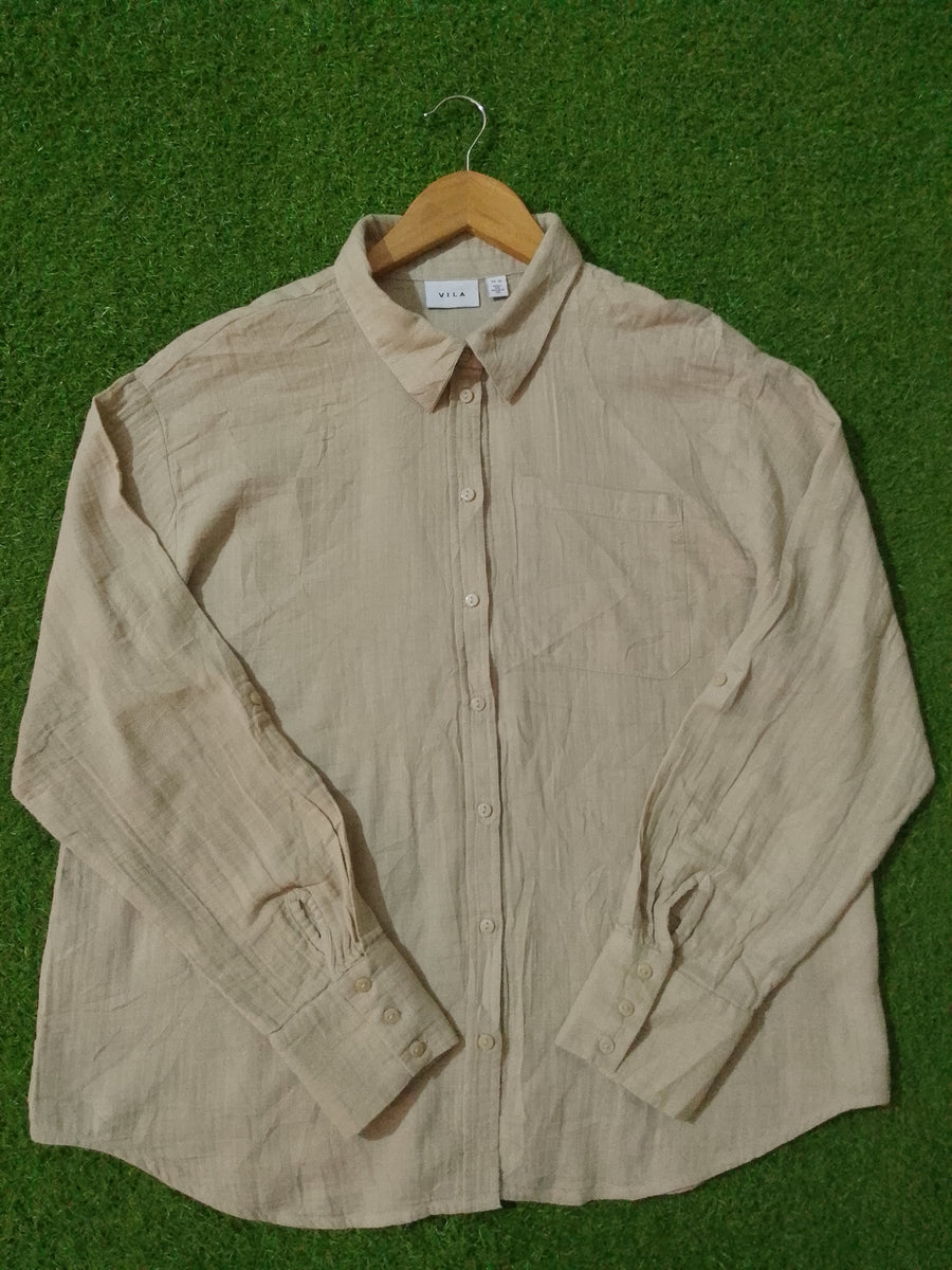Beige Cotton Long Sleeve Button-Down Shirt