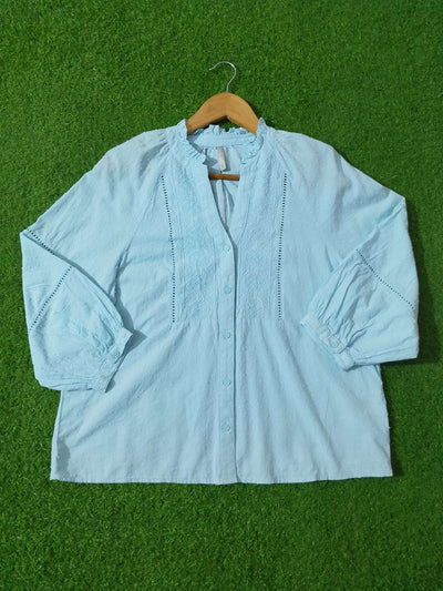 Embroidered Ruffle Neck Button-Down Blouse western preloved - alternate view