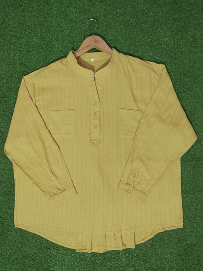 Mustard Yellow Cotton Mandarin Collar Half Button Oversized Shirt western preloved - alternate view