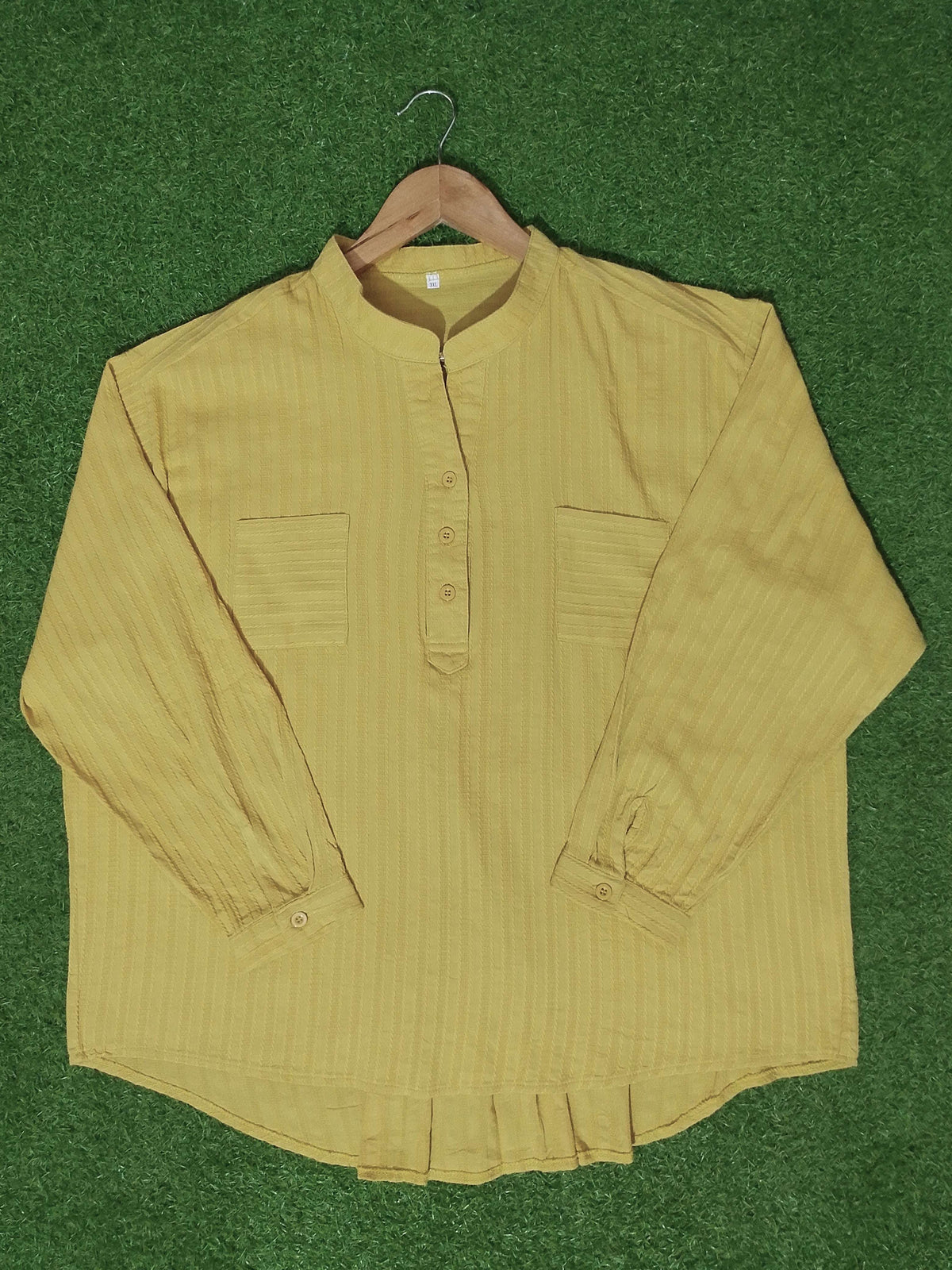 Mustard Yellow Cotton Mandarin Collar Half Button Oversized Shirt western preloved