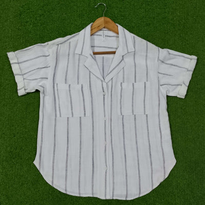 White & Black Striped Viscose Linen Short Sleeve Cuban Collar Shirt western preloved - alternate view