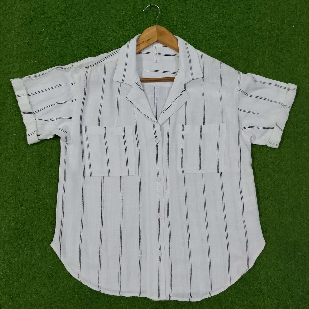 White & Black Striped Viscose Linen Short Sleeve Cuban Collar Shirt western preloved