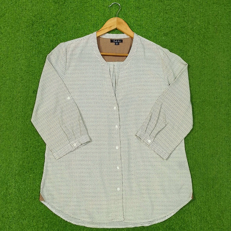 White Micro Dot Print Chiffon 3/4 Sleeve Collarless Shirt western preloved - alternate view