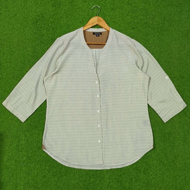 White Micro Dot Print Chiffon 3/4 Sleeve Collarless Shirt western preloved
