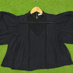 Black Lace Crochet Insert Puff Sleeve Flowy Top