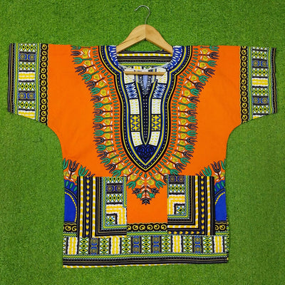 Orange African Dashiki Print Drop Shoulder Cotton Top western preloved - alternate view