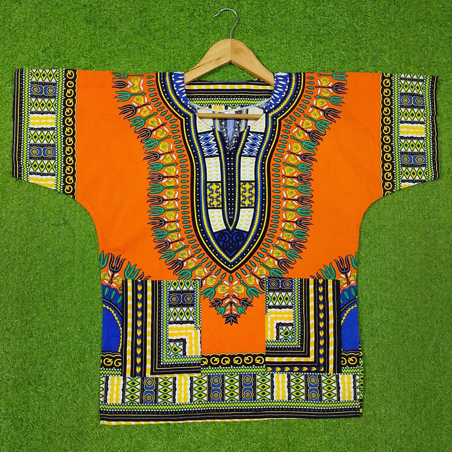 Orange African Dashiki Print Drop Shoulder Cotton Top western preloved - alternate view