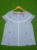 Blue Stripe Floral Embroidered Top – Short Sleeves