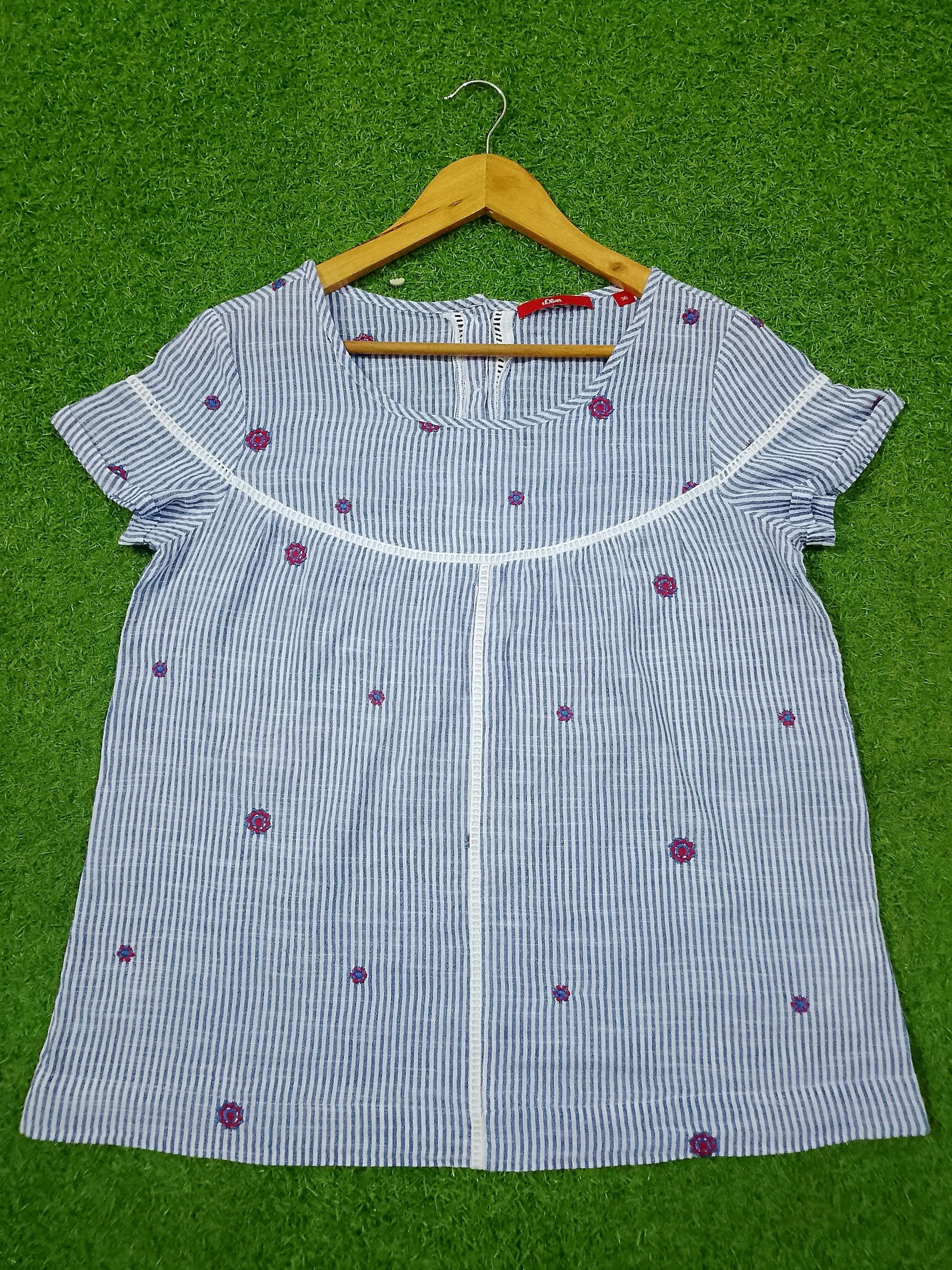 Blue Stripe Floral Embroidered Top – Short Sleeves western preloved