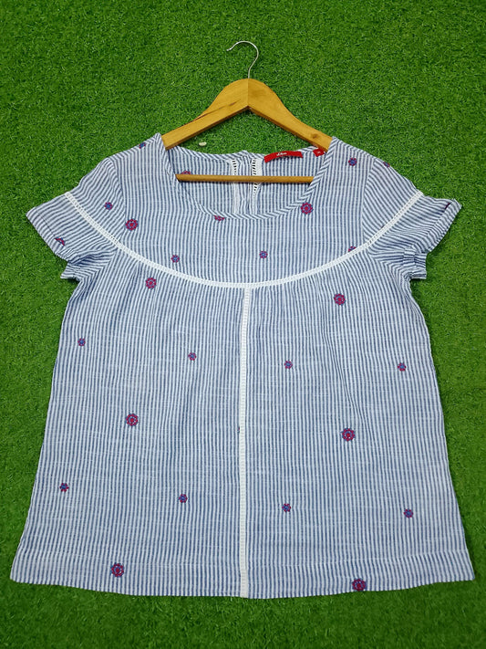 Blue Stripe Floral Embroidered Top – Short Sleeves western preloved