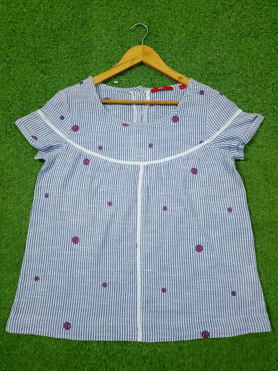 Blue Stripe Floral Embroidered Top – Short Sleeves western preloved - alternate view