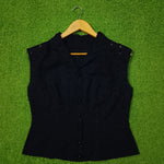 Black Eyelet Cotton Sleeveless Button Down Top