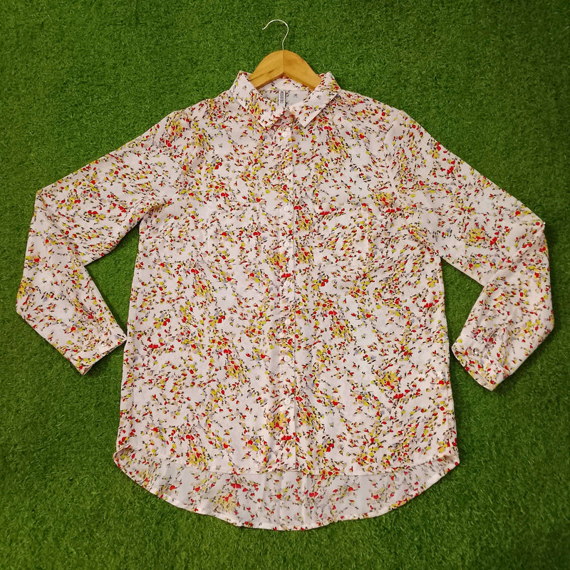 White Ditsy Floral Print Chiffon Shirt – Full Sleeves western preloved