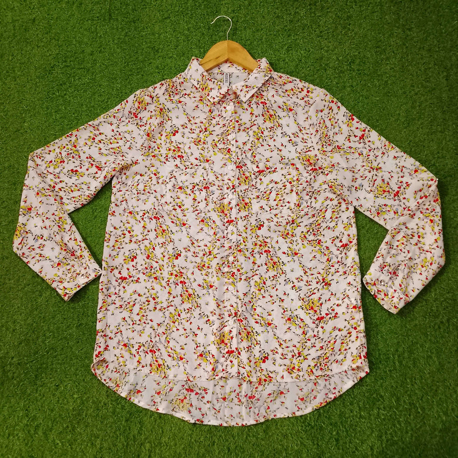 White Ditsy Floral Print Chiffon Shirt – Full Sleeves western preloved - alternate view
