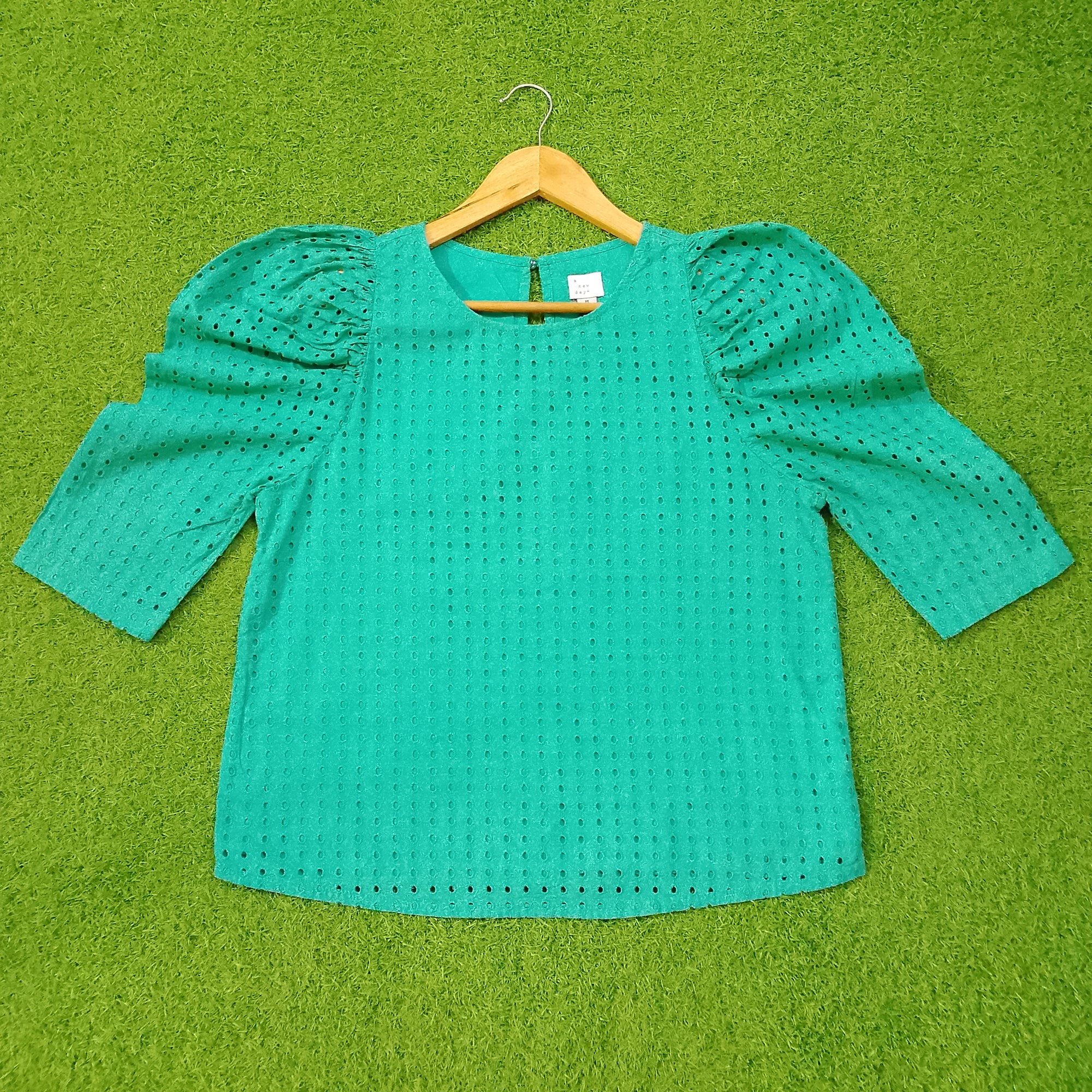 Green Eyelet Puff Sleeve Cotton Top