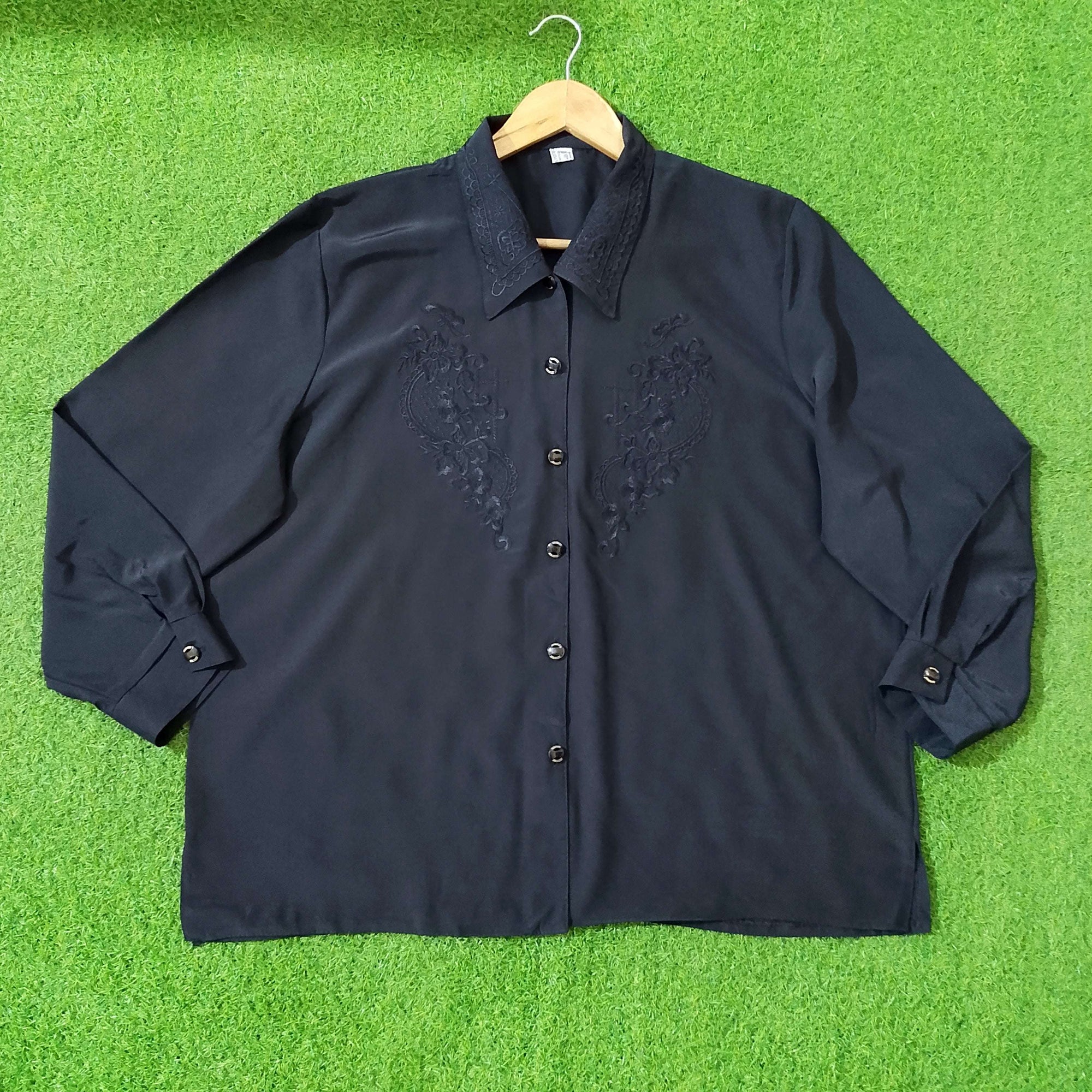 Black Chiffon Floral Embroidered Collar & Chest Button-Down Shirt western preloved