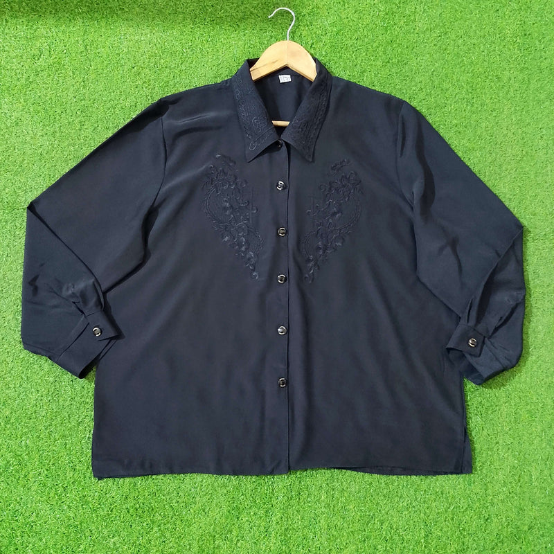 Black Chiffon Floral Embroidered Collar & Chest Button-Down Shirt western preloved
