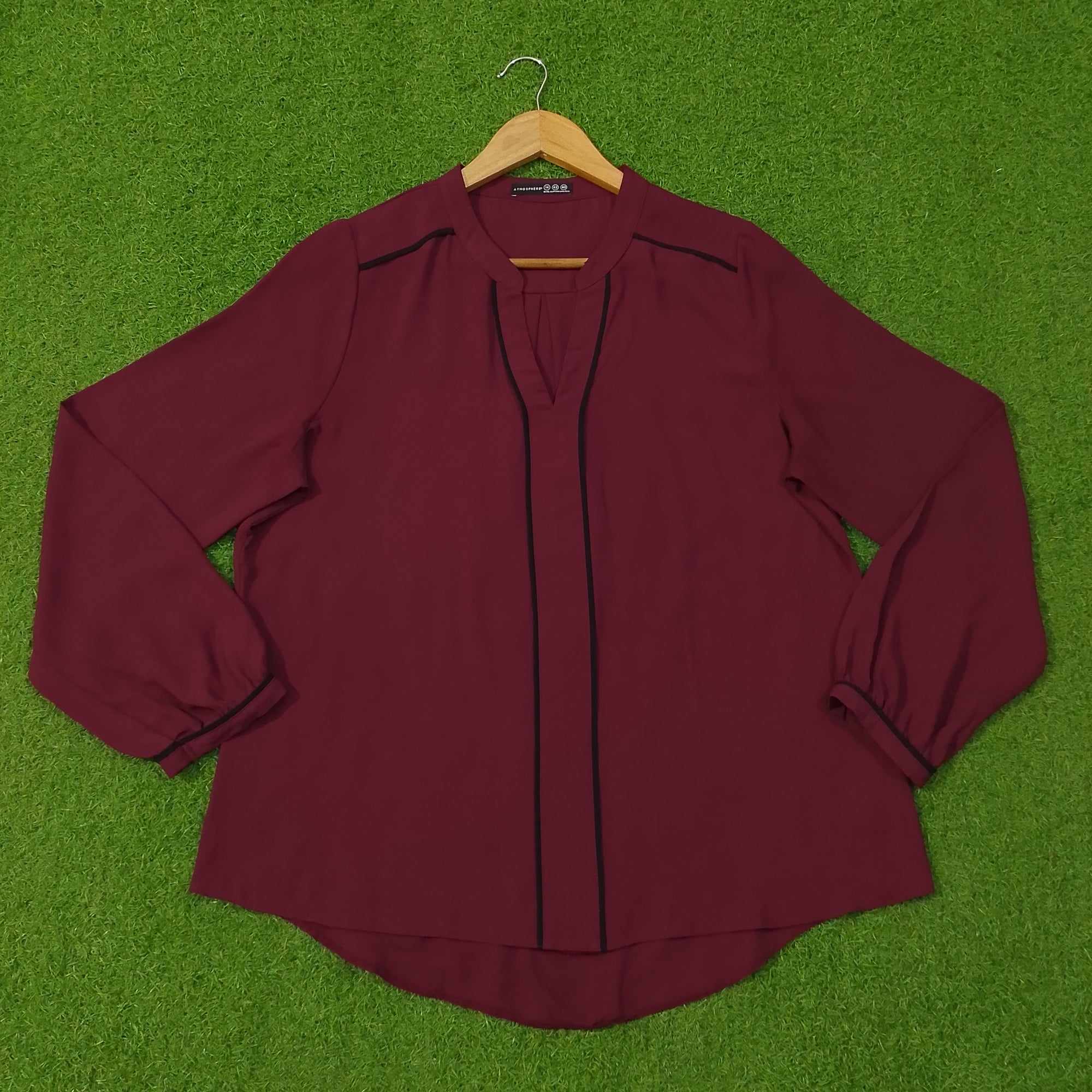 Wine Chiffon V-Neck Placket Full Sleeve Top