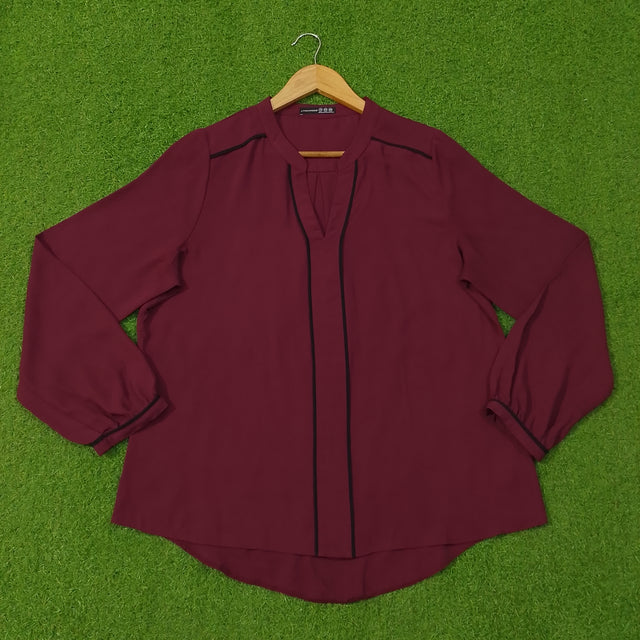 Wine Chiffon V-Neck Placket Full Sleeve Top